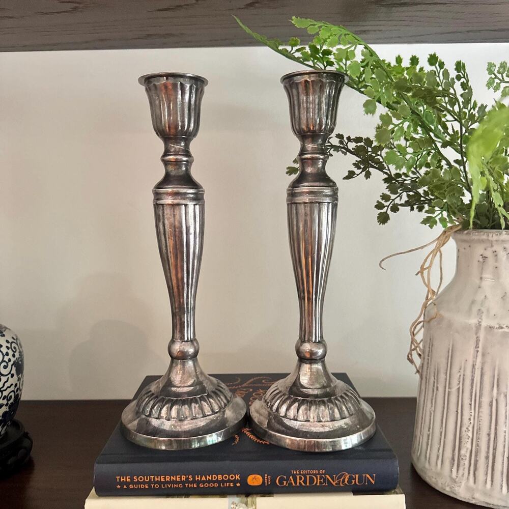 Vintage Pair English Style Fluted Silver Plate Candlesticks 10” (2)
